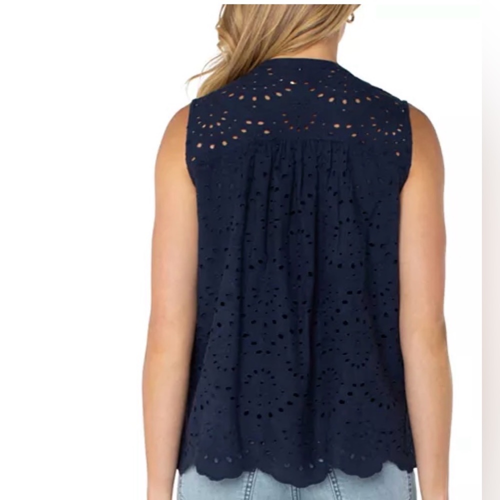 Liverpool Sleeveless Eyelet Top NWT Navy Blue Scalloped Hem Swing Silhouette L - Picture 5 of 10